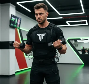 ورزشکار در باشگاه مجهز به دستگاه Titan EMS، با لوگوی رسمی و پس‌زمینه سفید، قرمز و سبز، نمایش فواید EMS در عضله‌سازی و لاغری با رعایت استانداردهای ملی و بین‌المللی